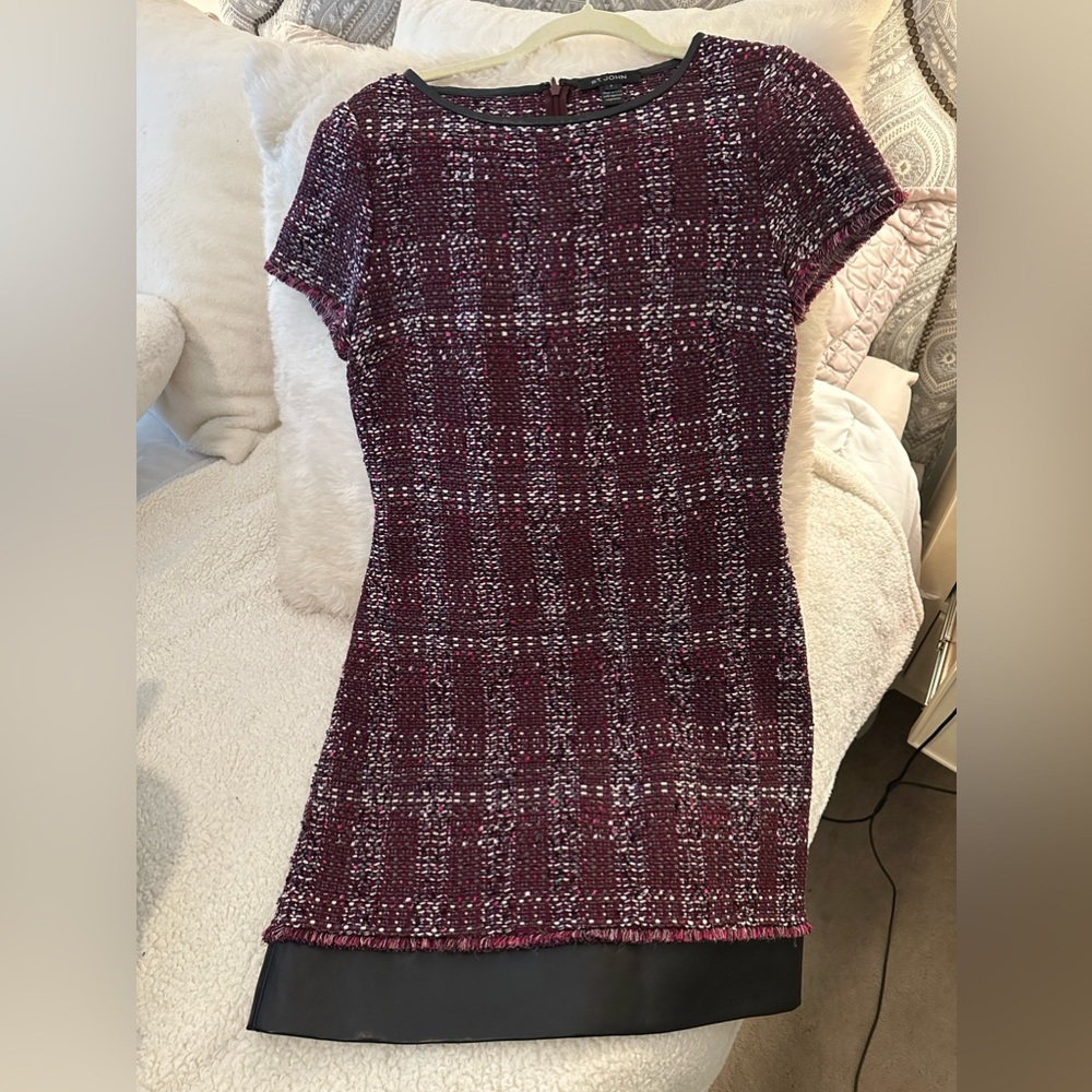 St. John Tweed Metallic Dress with Leather Trim size 6
